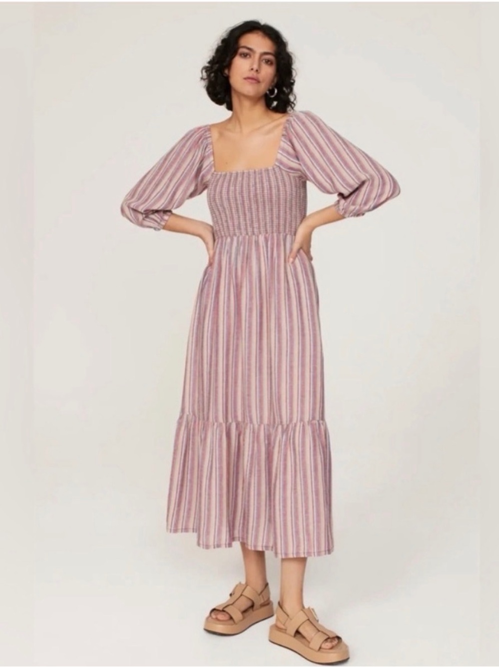 Marine Layer Ivy Smocked Maxi Dress in Brick Dust Striped Sz XL